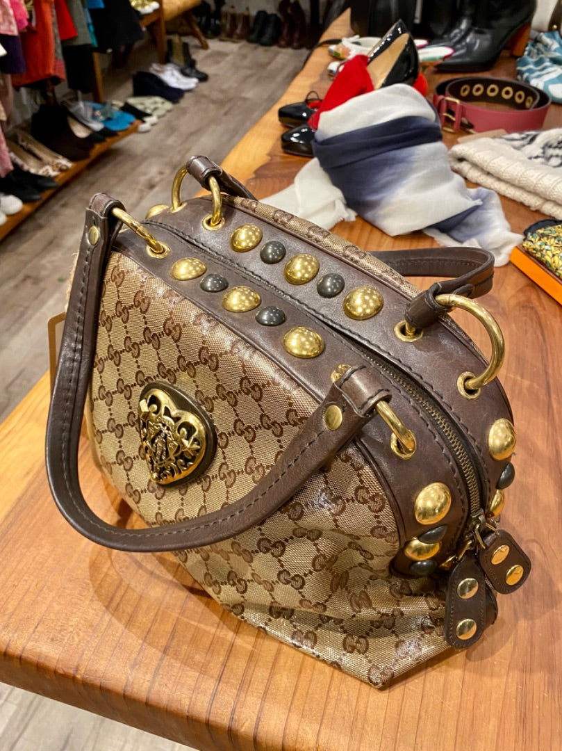 Gucci Tan/Brown Logo Purse w/ Studs, OS