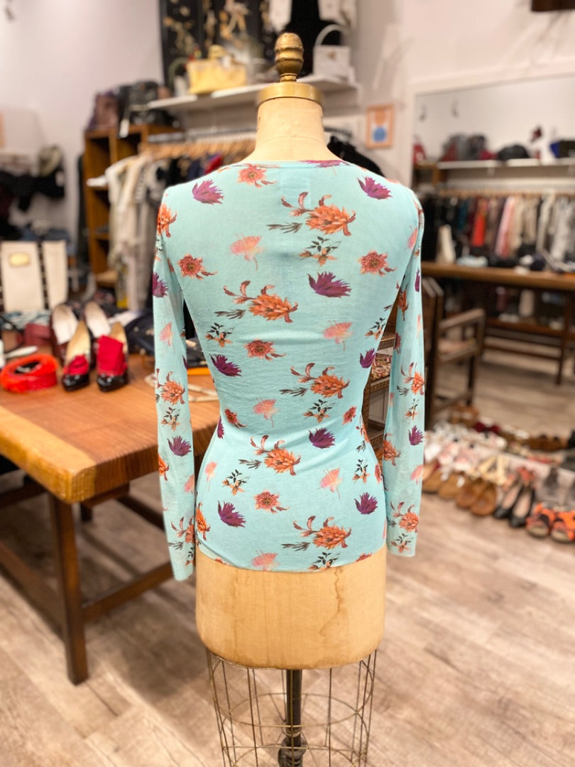 Fuzzi Blue Red Embroidered Mesh Floral Blouse, Small