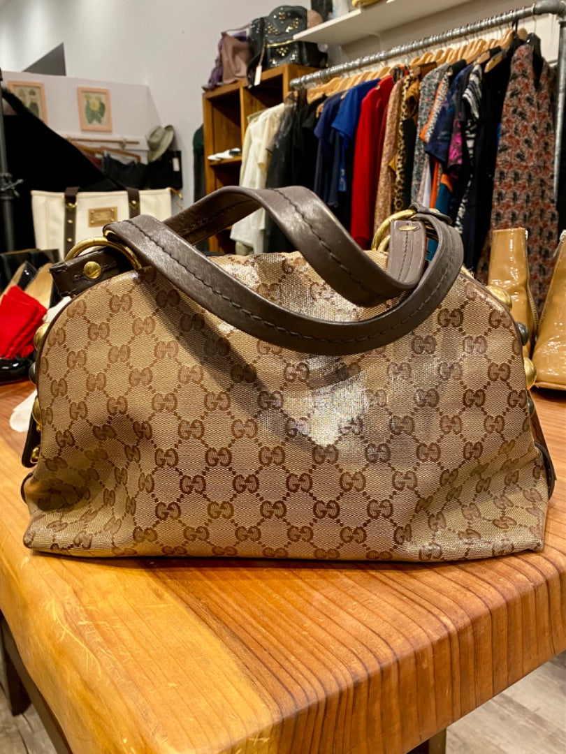 Gucci Tan/Brown Logo Purse w/ Studs, OS