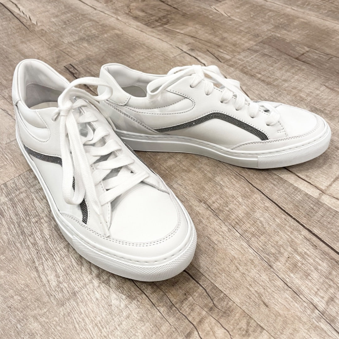 Brunello Cucinelli White Leather Sneakers with Detail, 38.5