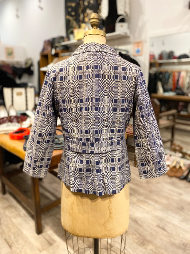 Erica Tanov Blue/White Print Blazer with Hand Porcelain Button, 2
