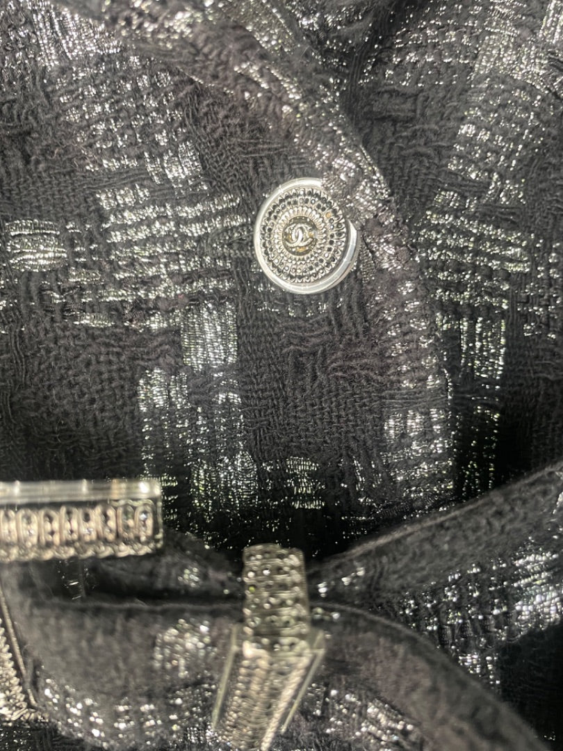 Chanel Black/Silver Tweed Buckle Jacket, 48