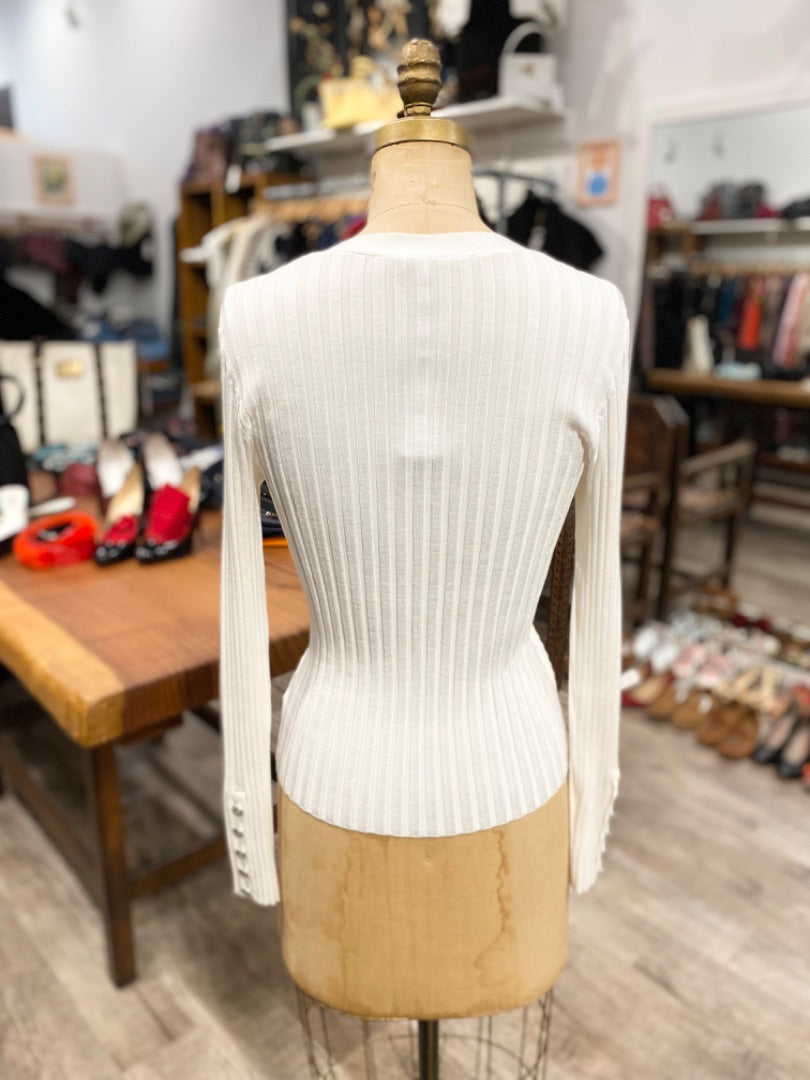Veronica Cream White Ribbed Sweater w/button detail, Large