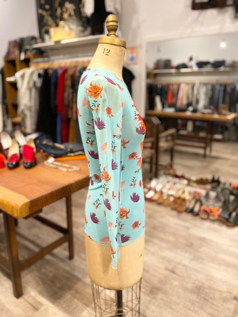 Fuzzi Blue Red Embroidered Mesh Floral Blouse, Small