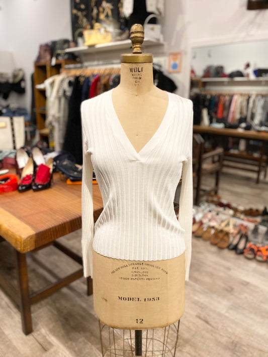 Veronica Cream White Ribbed Sweater w/button detail, Large