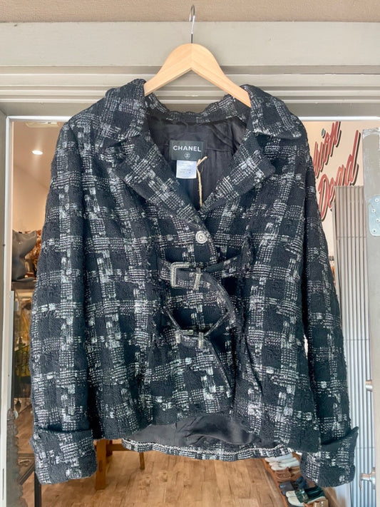 Chanel Black/Silver Tweed Buckle Jacket, 48