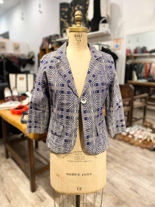 Erica Tanov Blue/White Print Blazer with Hand Porcelain Button, 2