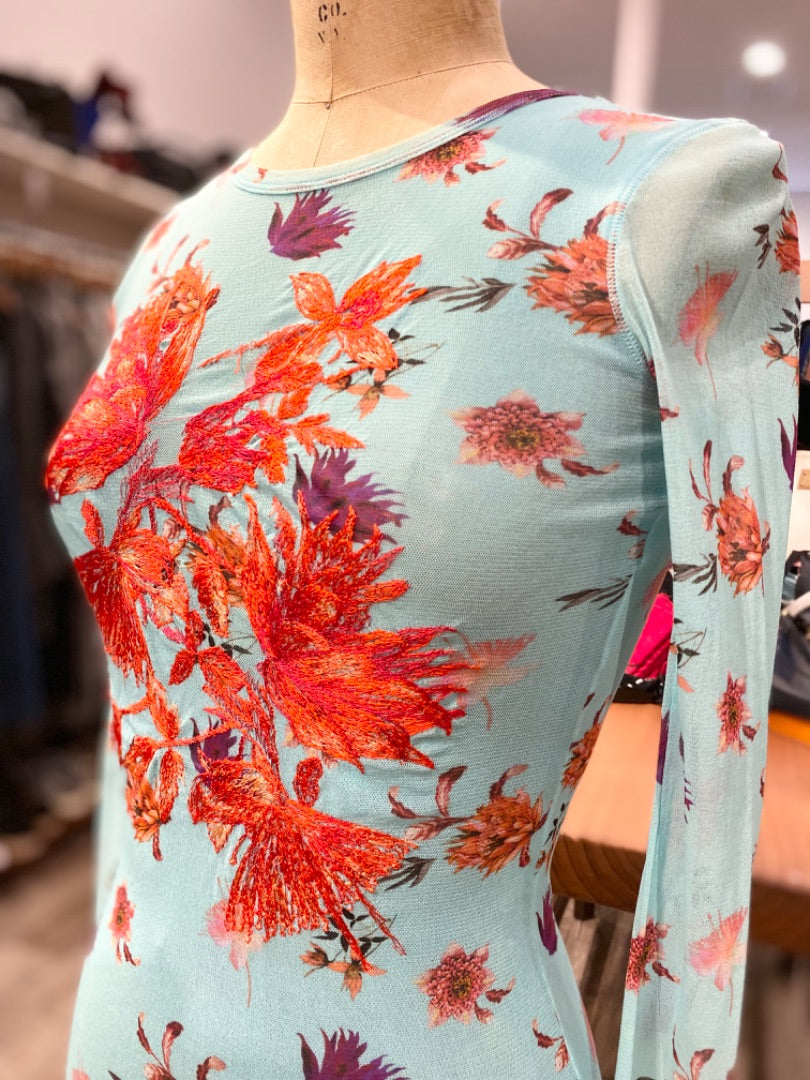 Fuzzi Blue Red Embroidered Mesh Floral Blouse, Small