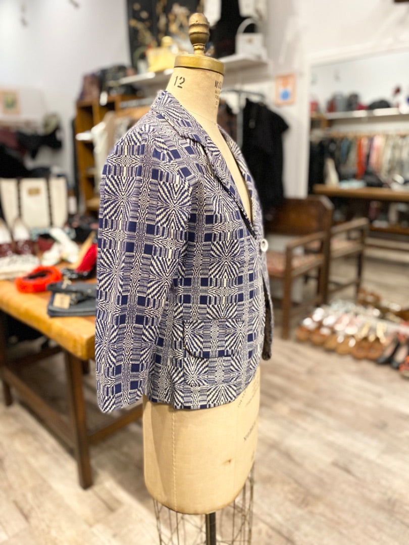 Erica Tanov Blue/White Print Blazer with Hand Porcelain Button, 2