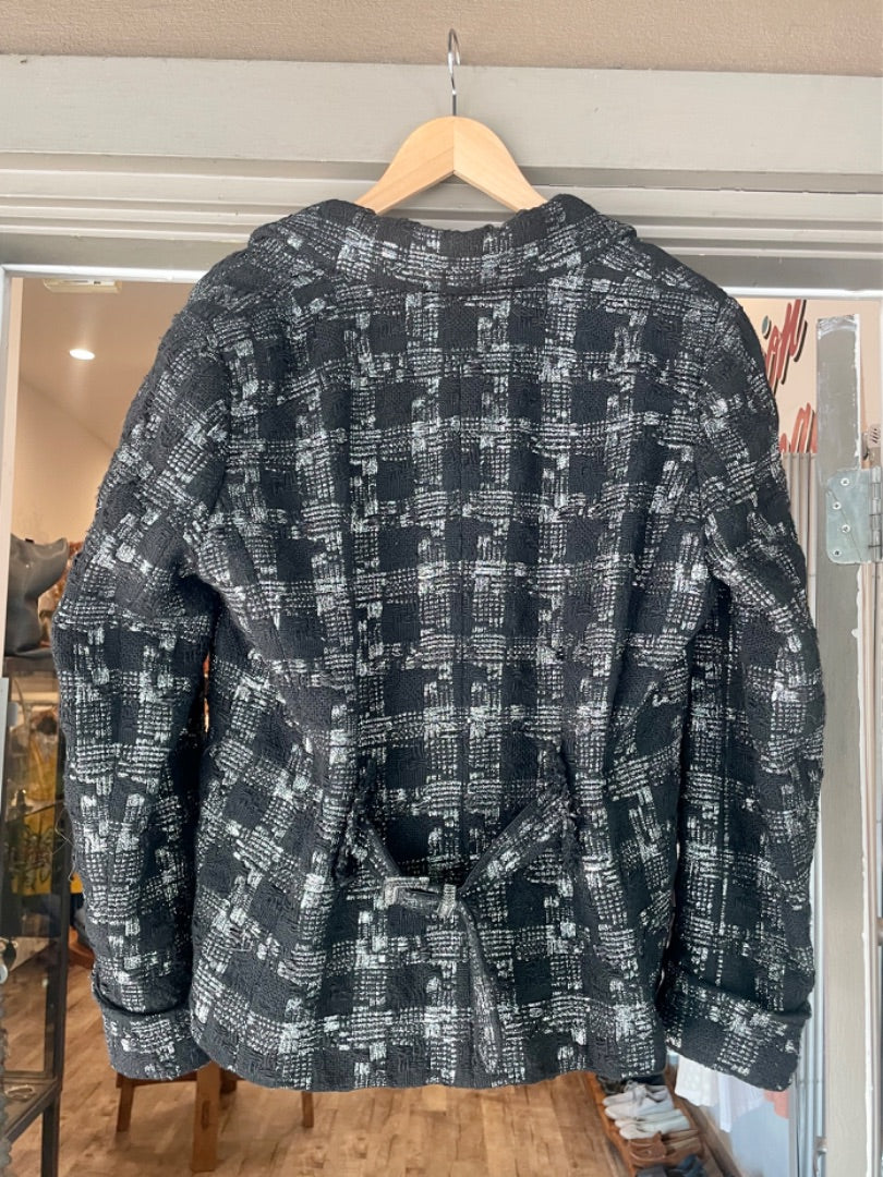 Chanel Black/Silver Tweed Buckle Jacket, 48