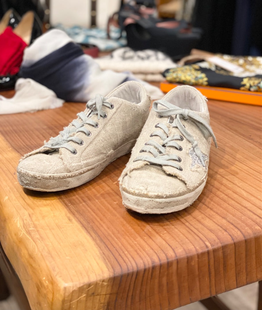 Golden Goose Tan Linen/Sequin Sneakers, 38