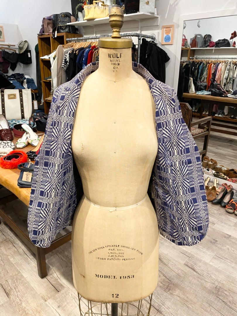 Erica Tanov Blue/White Print Blazer with Hand Porcelain Button, 2