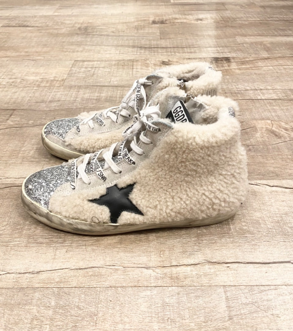 Golden Goose Silver/White "Francy" Shearling Sneakers, 38