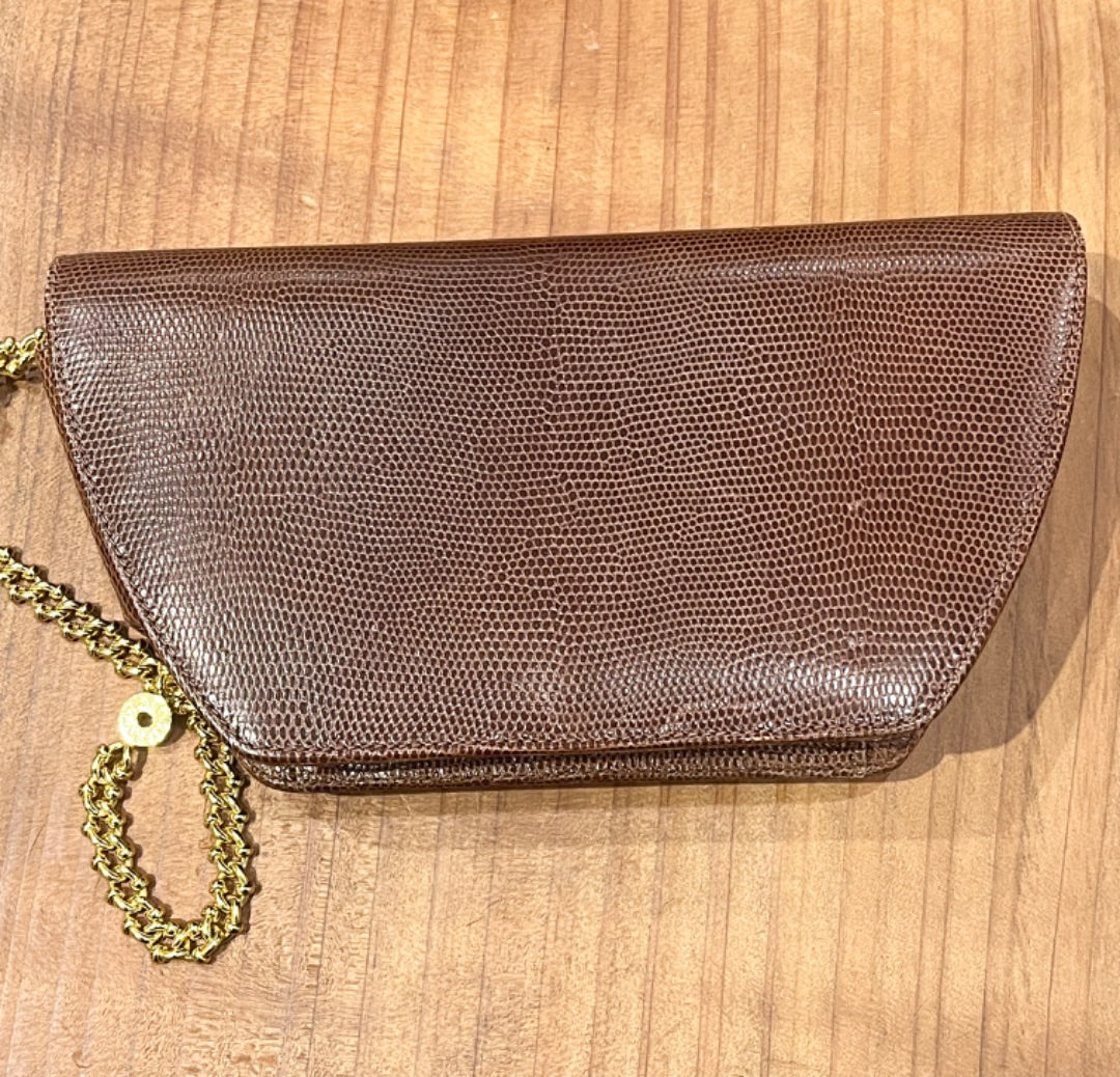 Tiffany and Co. Brown Embossed Leather Gold Chain Purse, OS