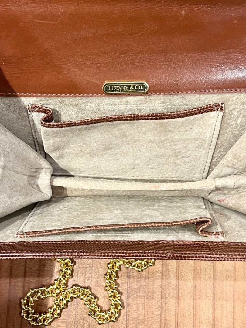 Tiffany and Co. Brown Embossed Leather Gold Chain Purse, OS