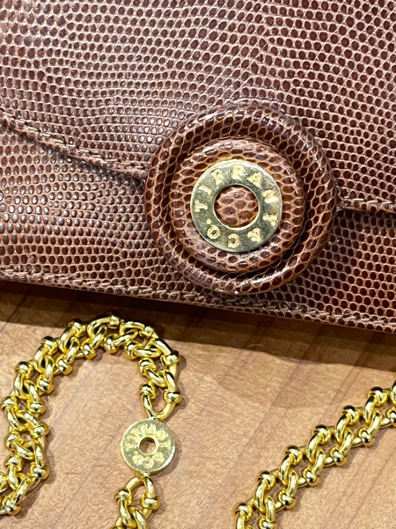 Tiffany and Co. Brown Embossed Leather Gold Chain Purse, OS