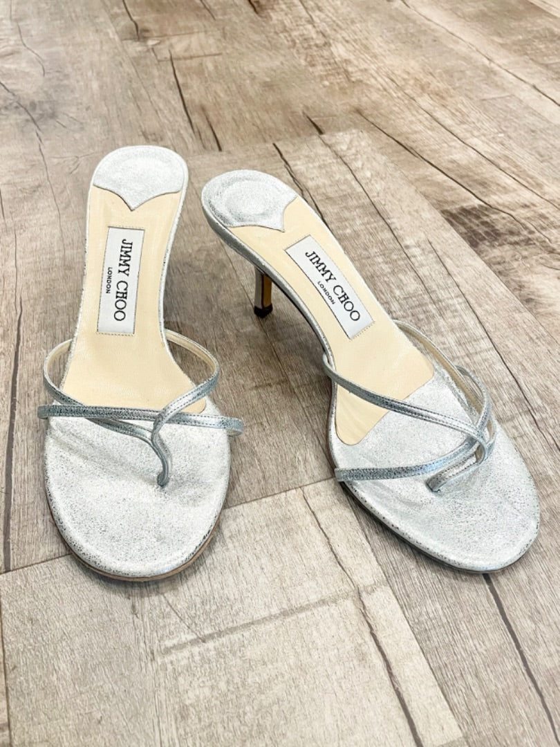 Jimmy Choo Silver Metallic Kitten Heel, 37.5
