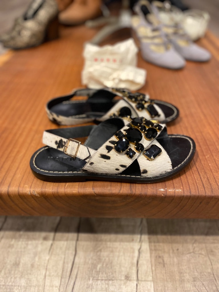 Marni Cream/Black Calf Hair Sandals, 39