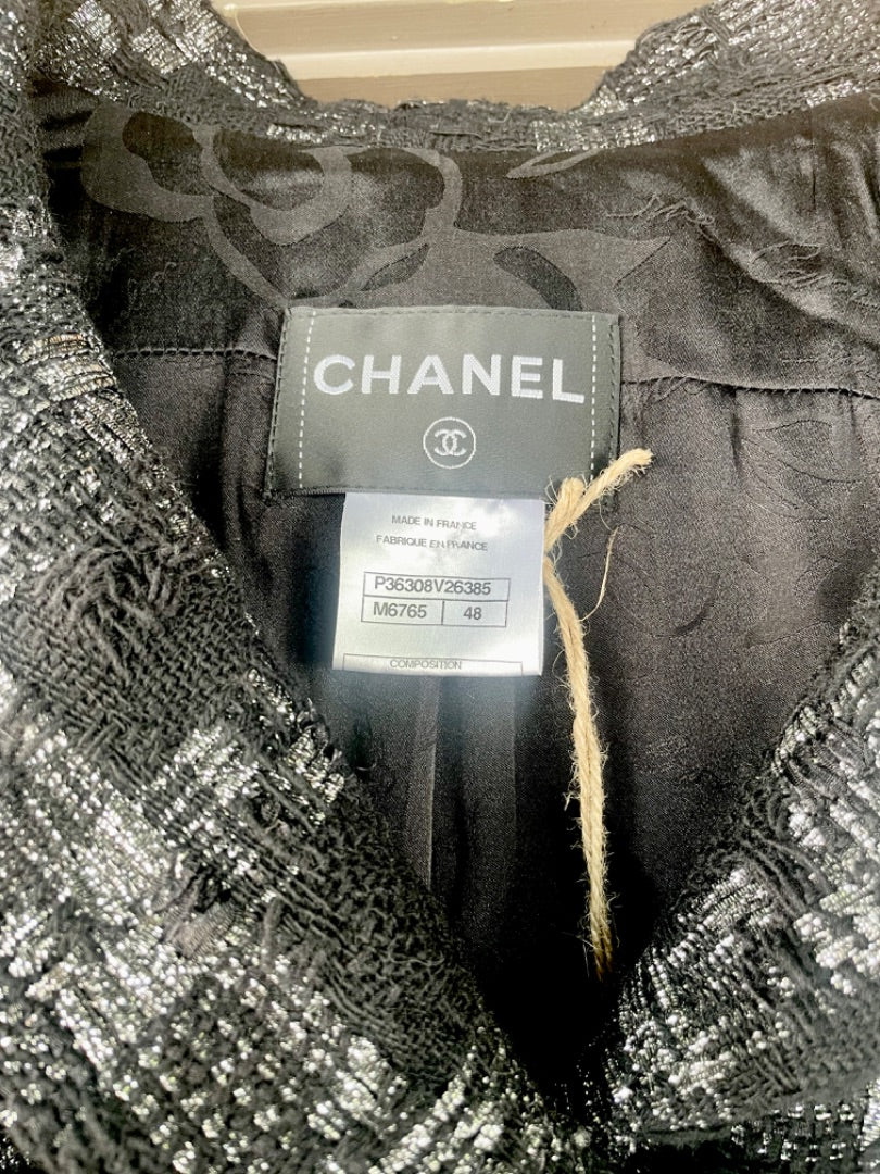 Chanel Black/Silver Tweed Buckle Jacket, 48