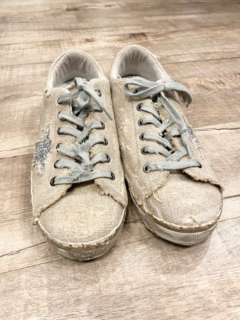 Golden Goose Tan Linen/Sequin Sneakers