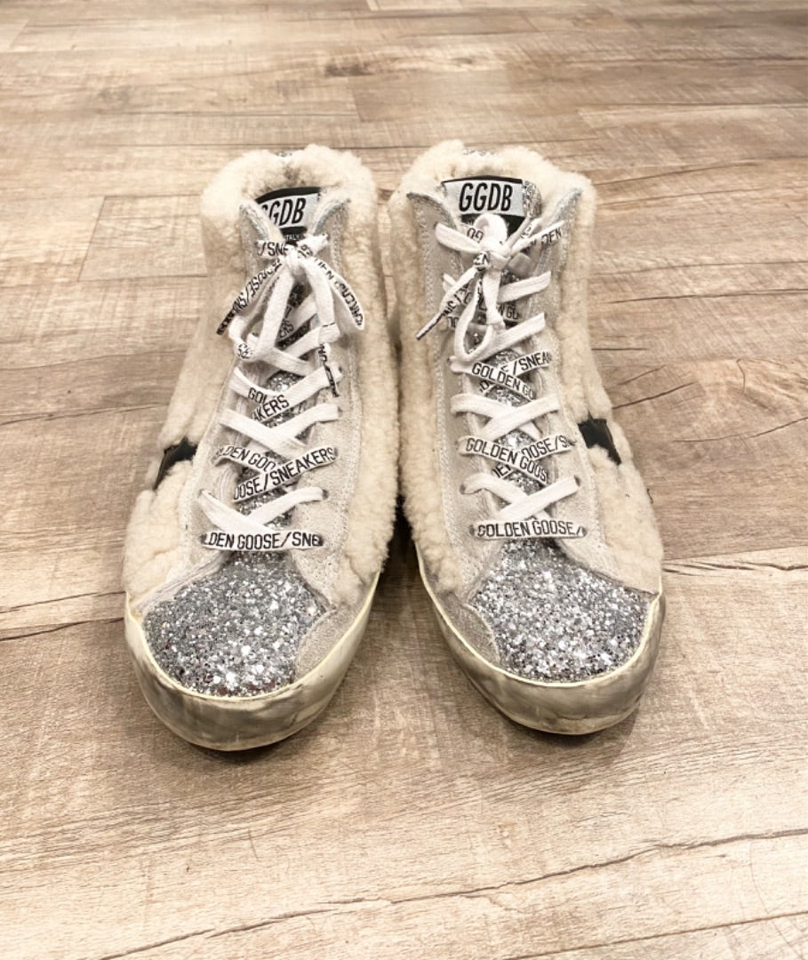 Golden Goose Silver/White "Francy" Shearling Sneakers, 38