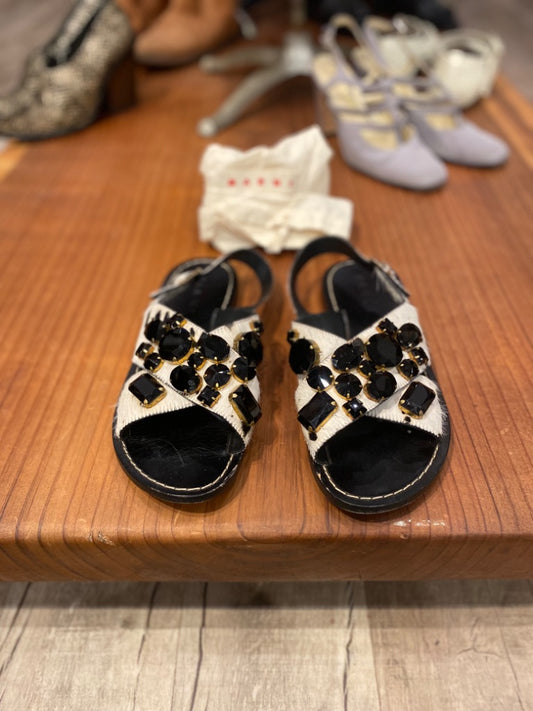 Marni Cream/Black Calf Hair Sandals, 39