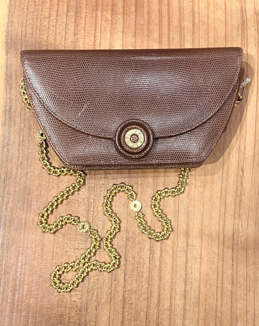 Tiffany and Co. Brown Embossed Leather Gold Chain Purse, OS
